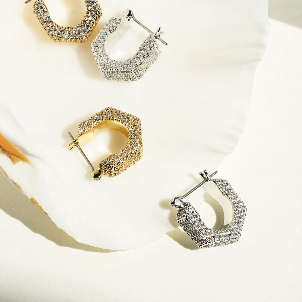 The Pave Hex Bolt Huggies – Hoops – Gold-Plated
