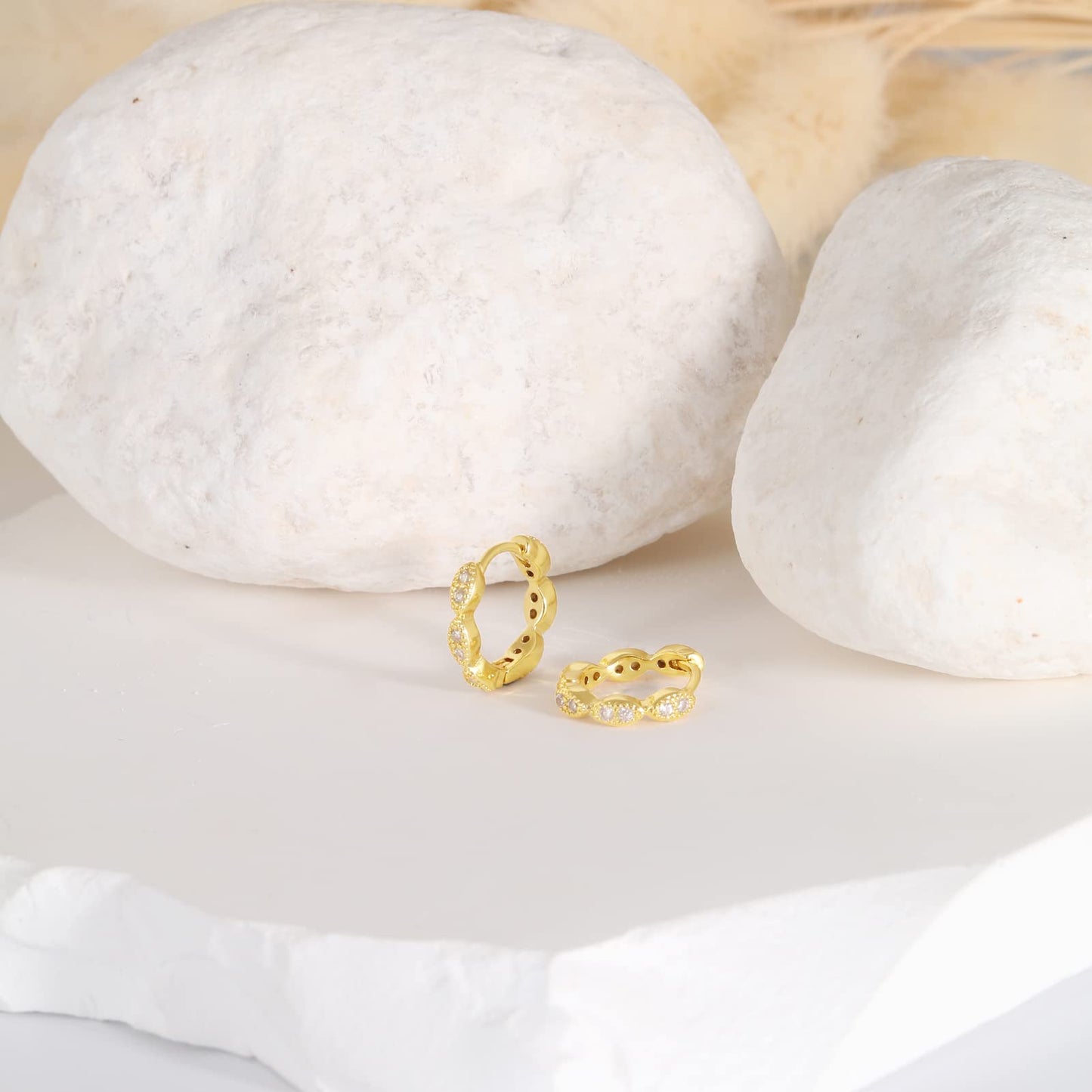 18K Gold CZ Wave Huggie Earrings
