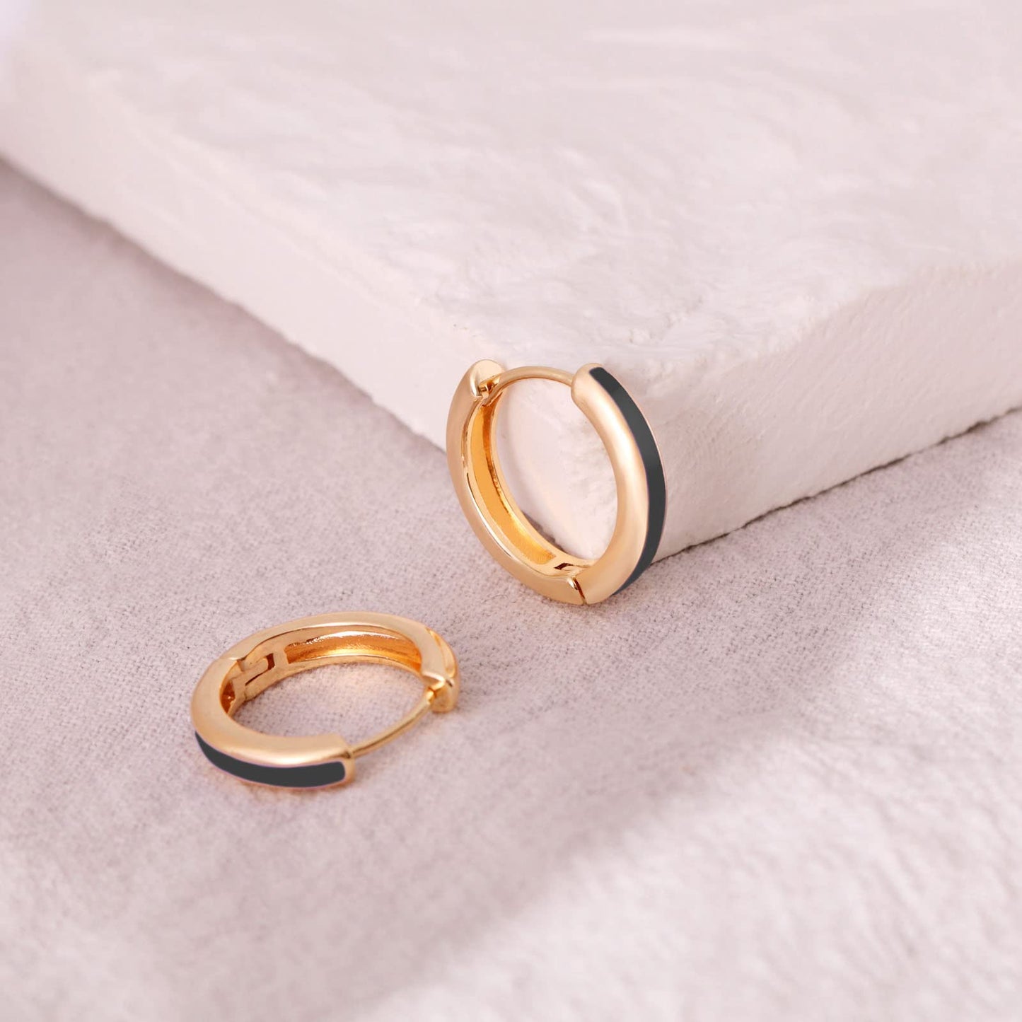 Gold Black Enamel Huggie Earrings