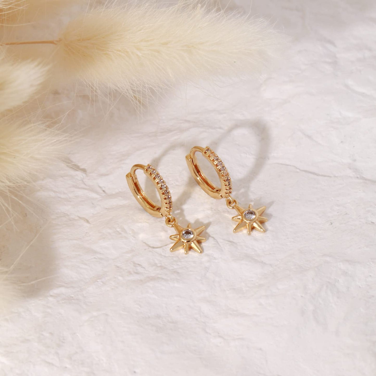 18K CZ Starburst Dangle Hoop Earrings