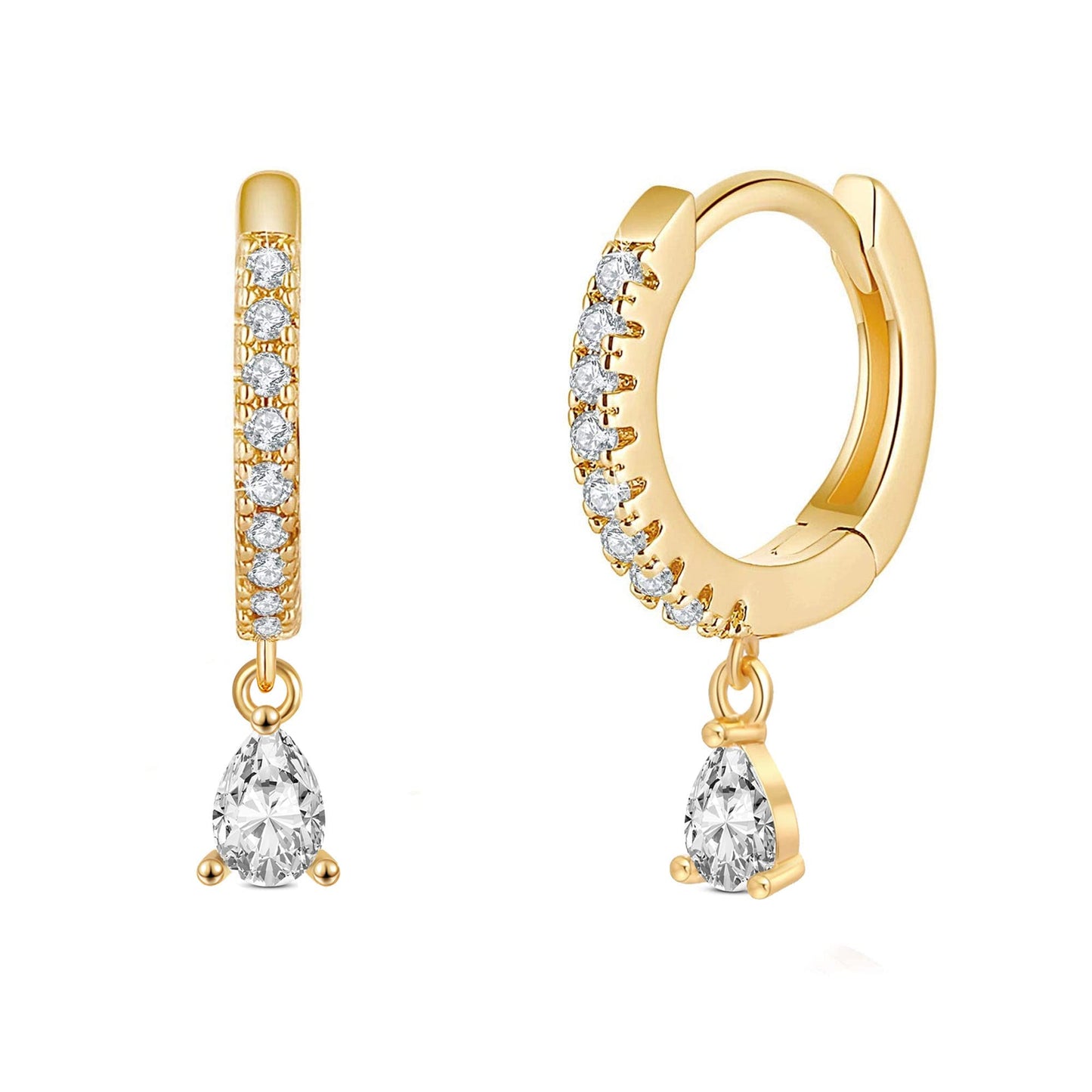 18K CZ Teardrop Dangle Hoop Earrings