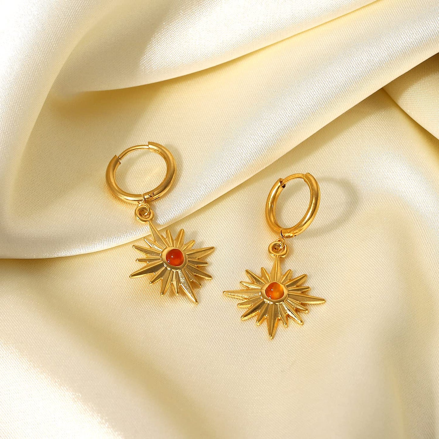 18K Orange Sunburst Dangle Hoop Earrings