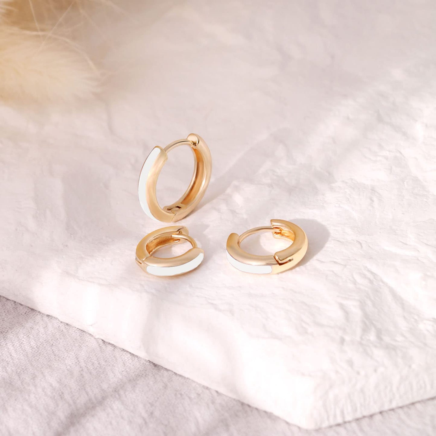 18K Gold White Enamel Huggie Hoop Earrings