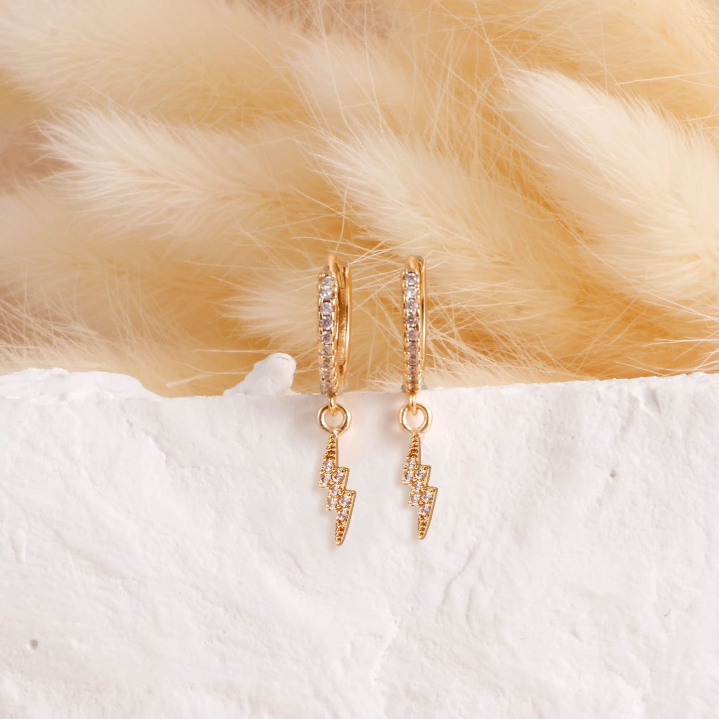 18K CZ Lightning Dangle Hoop Earrings