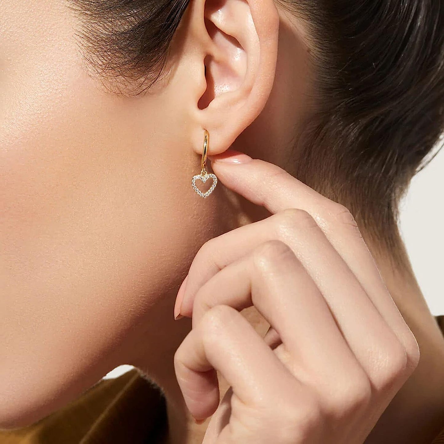 18K CZ Heart Dangle Hoop Earrings