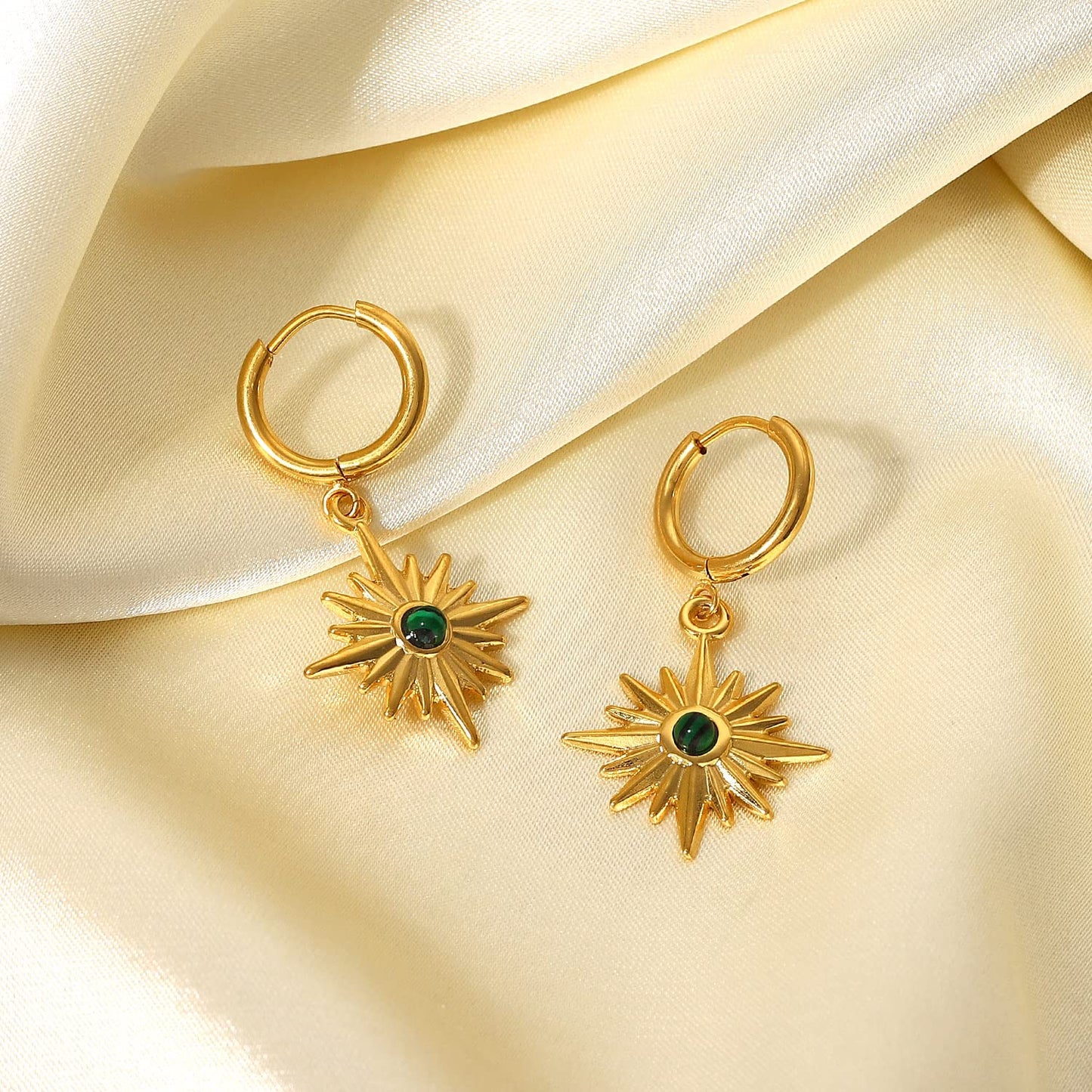 18K Green Sunburst Dangle Hoop Earrings
