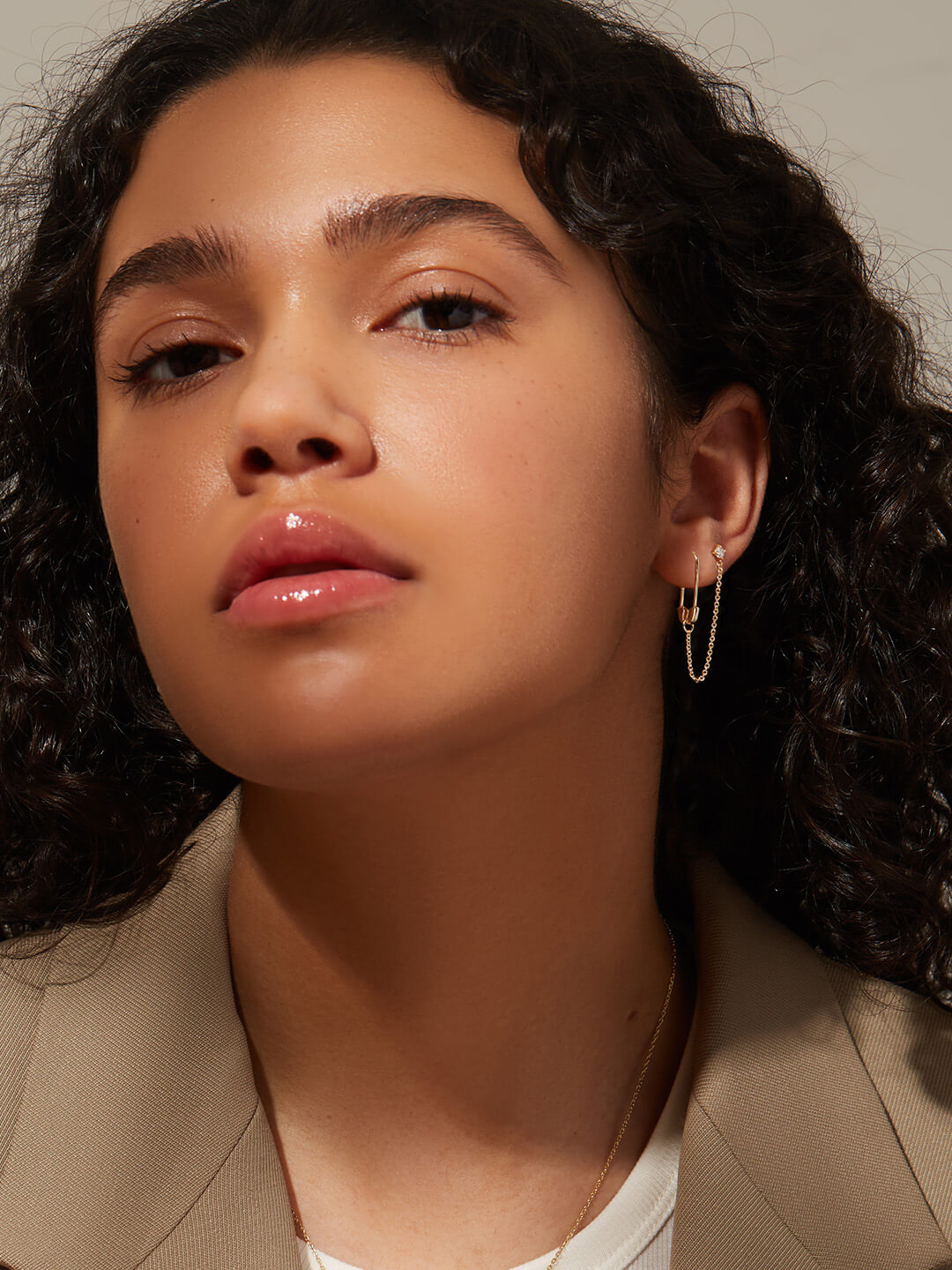 Gold CZ Safety Pin Chain Earring