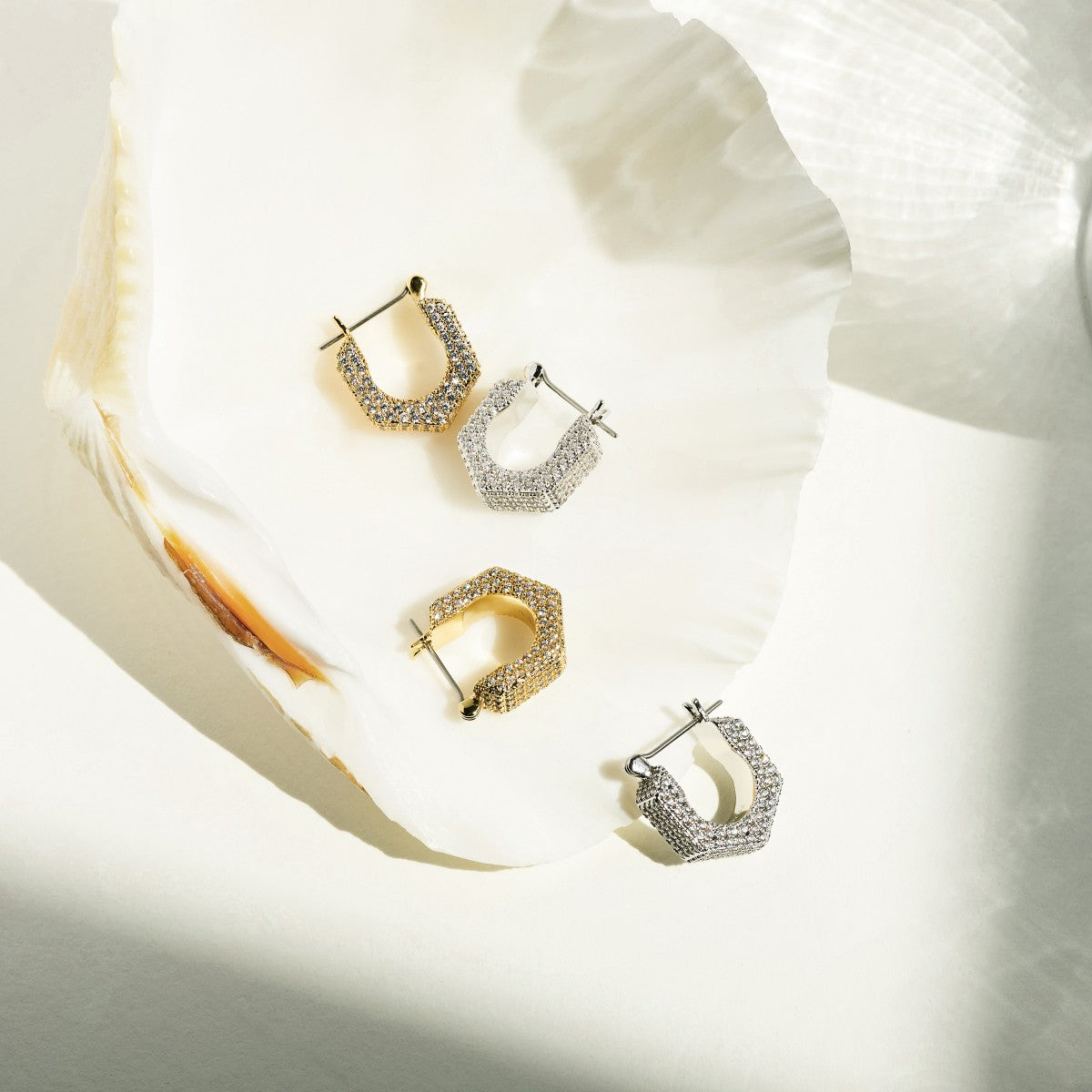 The Pave Hex Bolt Huggies – Hoops – Gold-Plated
