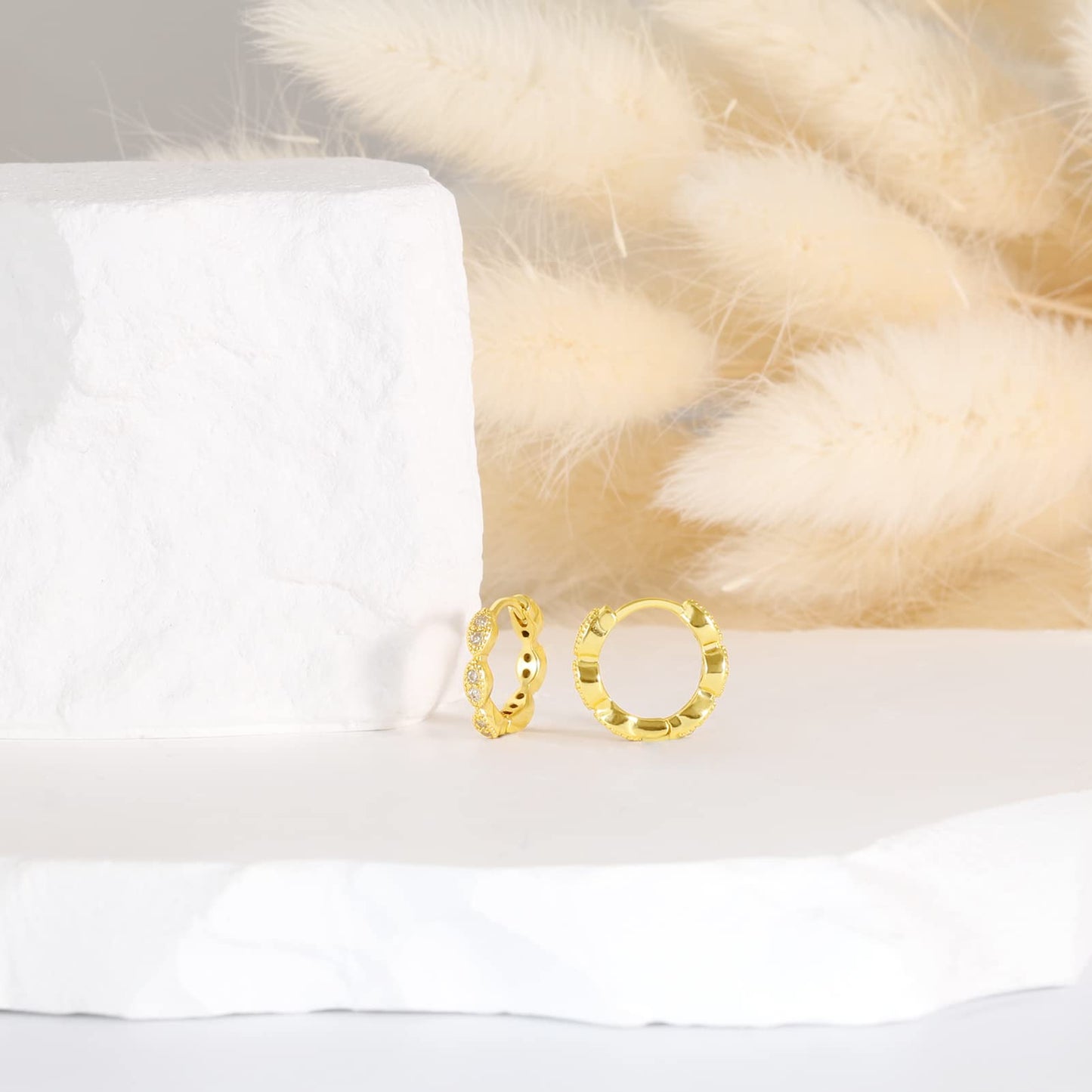 18K Gold CZ Wave Huggie Earrings