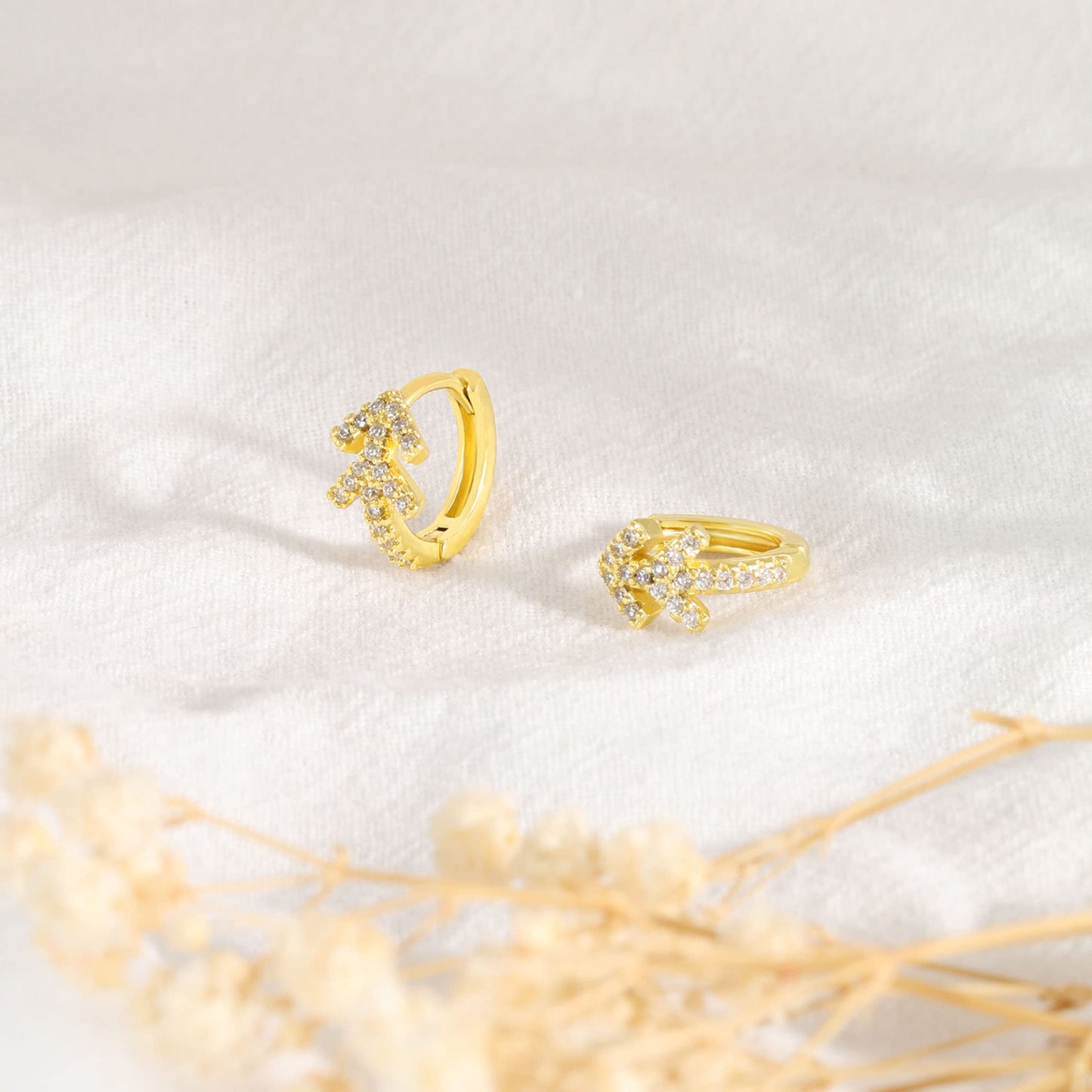 18K Gold CZ Arrows Huggie Earrings