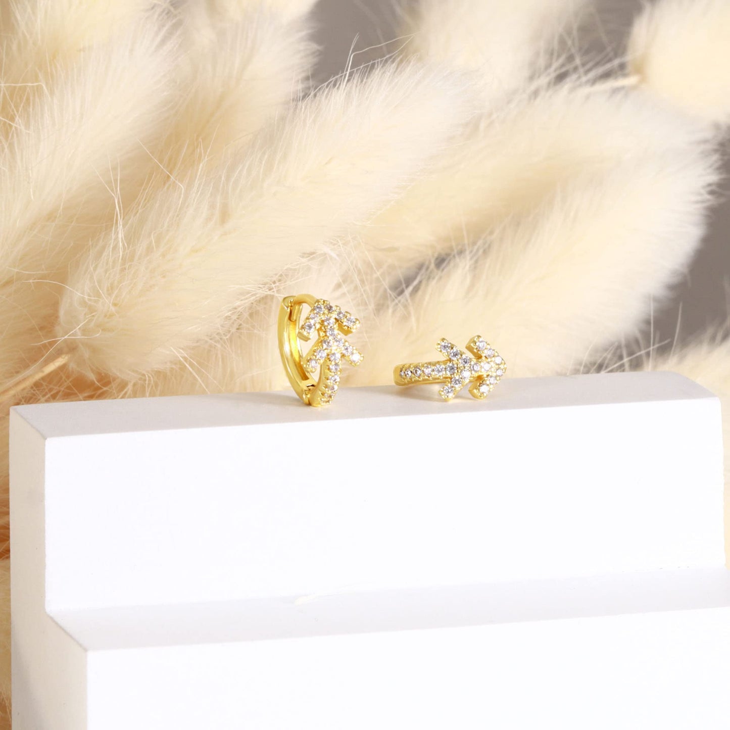 18K Gold CZ Arrows Huggie Earrings