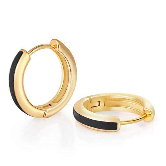 Gold Black Enamel Huggie Earrings