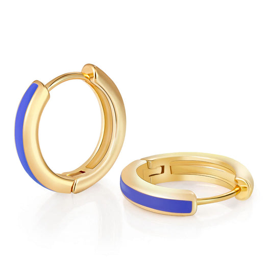 18K Gold Blue Enamel Huggie Hoop Earrings
