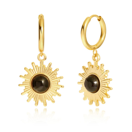 18K Sunburst Dangle Hoop Earrings