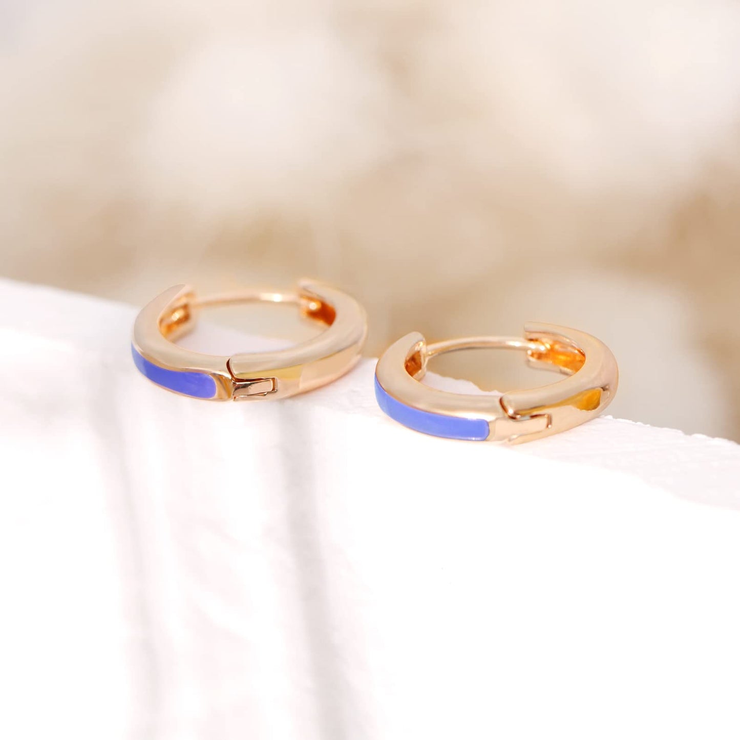 18K Gold Blue Enamel Huggie Hoop Earrings