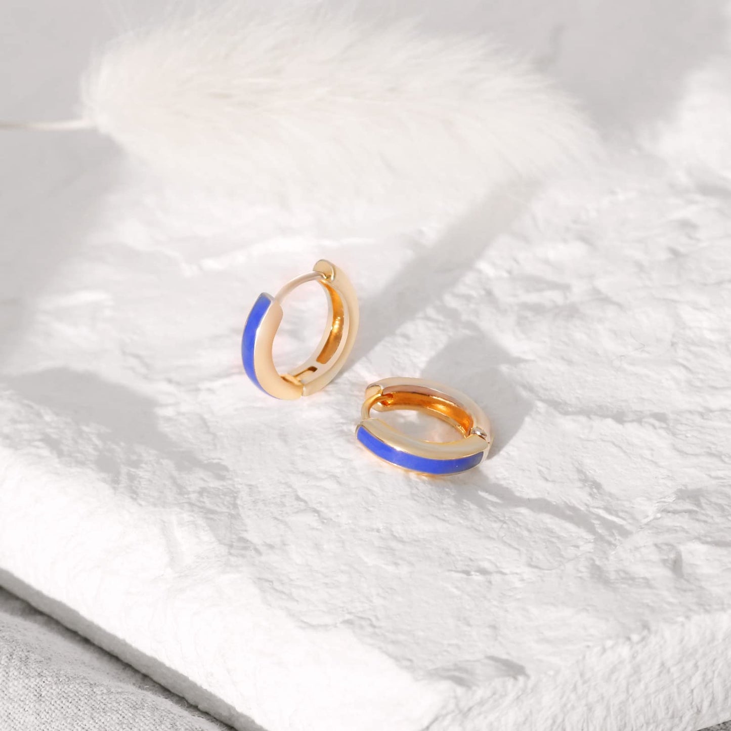 18K Gold Blue Enamel Huggie Hoop Earrings