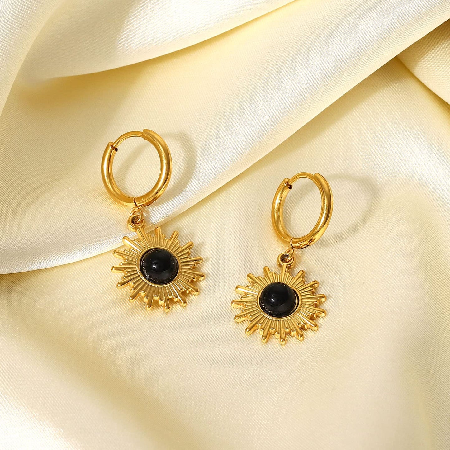 18K Sunburst Dangle Hoop Earrings