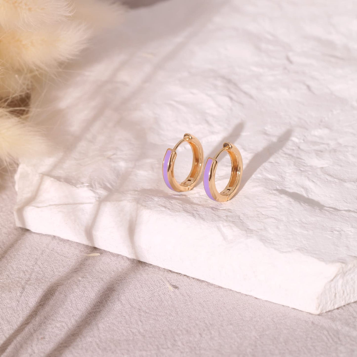 18K Gold Purple Enamel Huggie Hoop Earrings