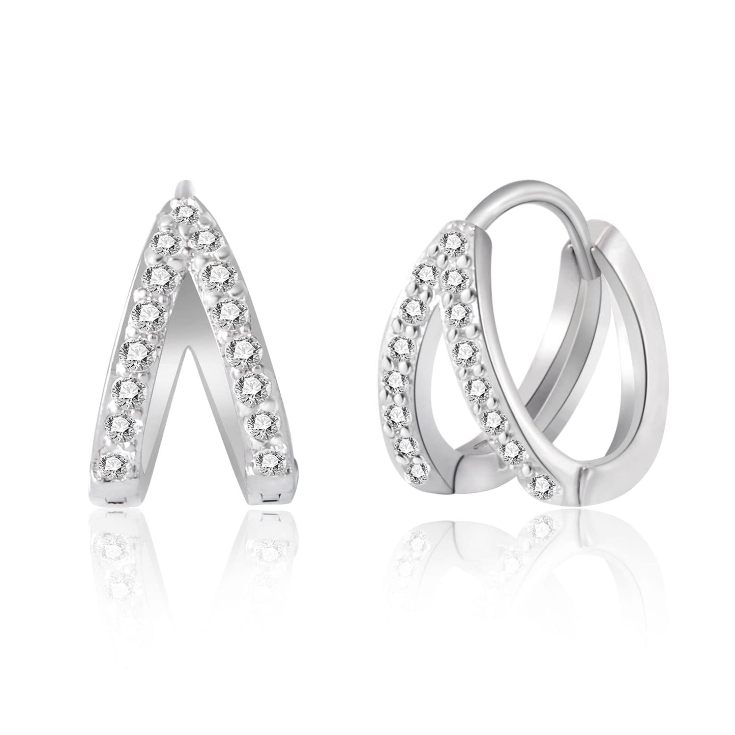 Silver Gold CZ Double Split Huggie Hoop Earrings