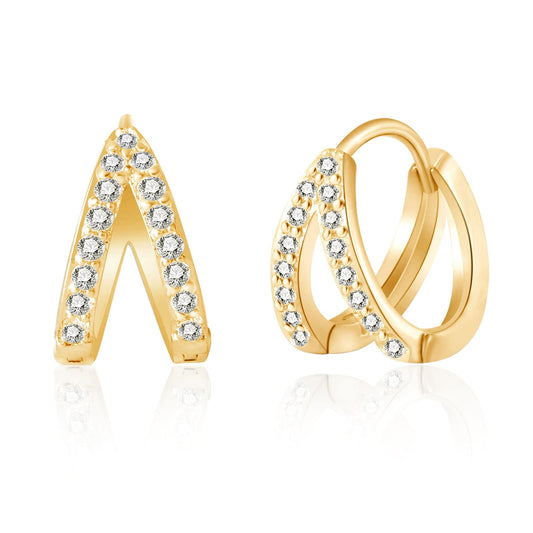Gold CZ Double Split Huggie Hoop Earrings