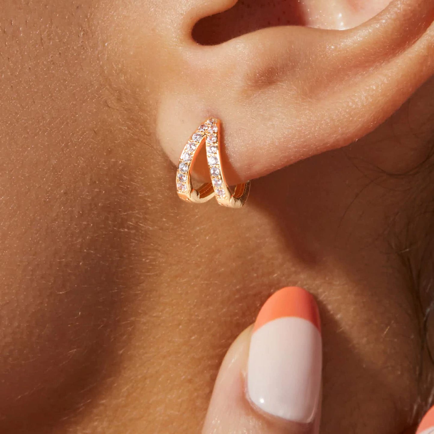 Gold CZ Double Split Huggie Hoop Earrings