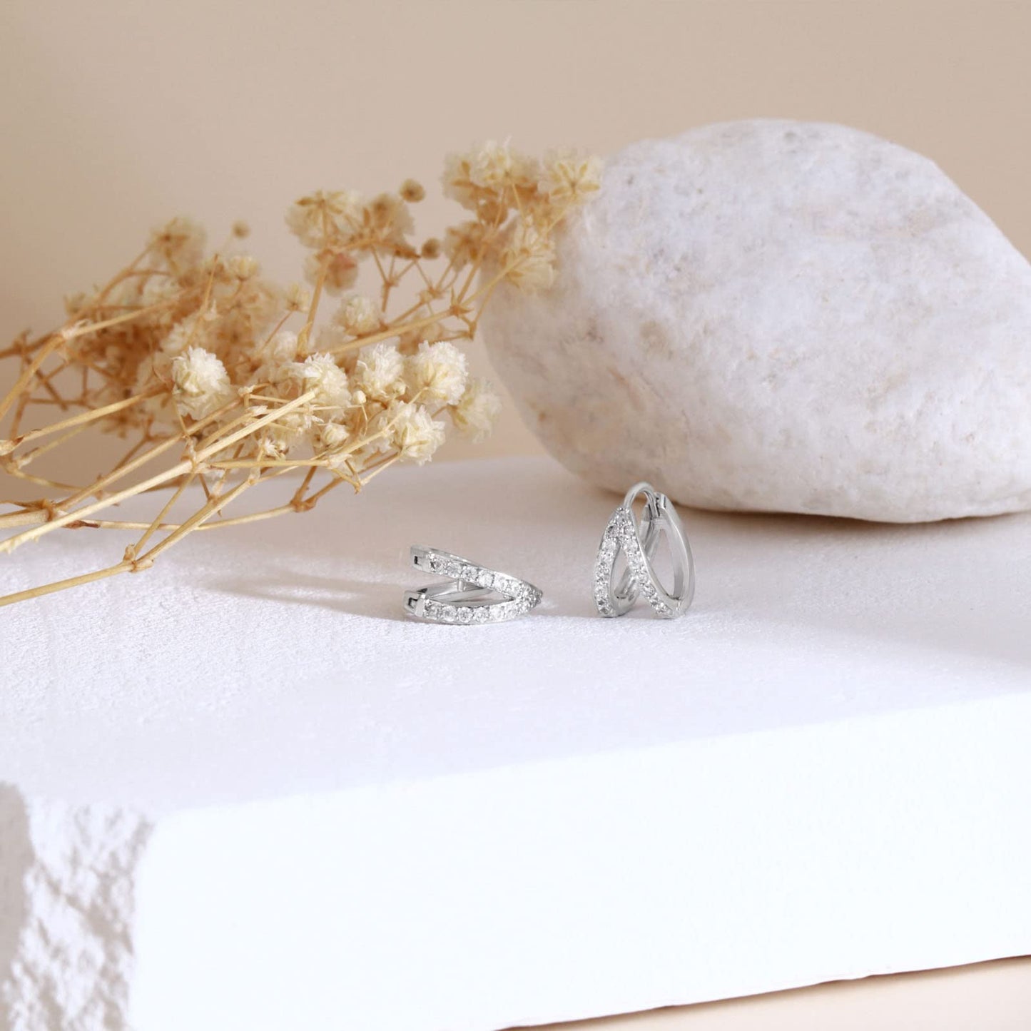 Silver Gold CZ Double Split Huggie Hoop Earrings