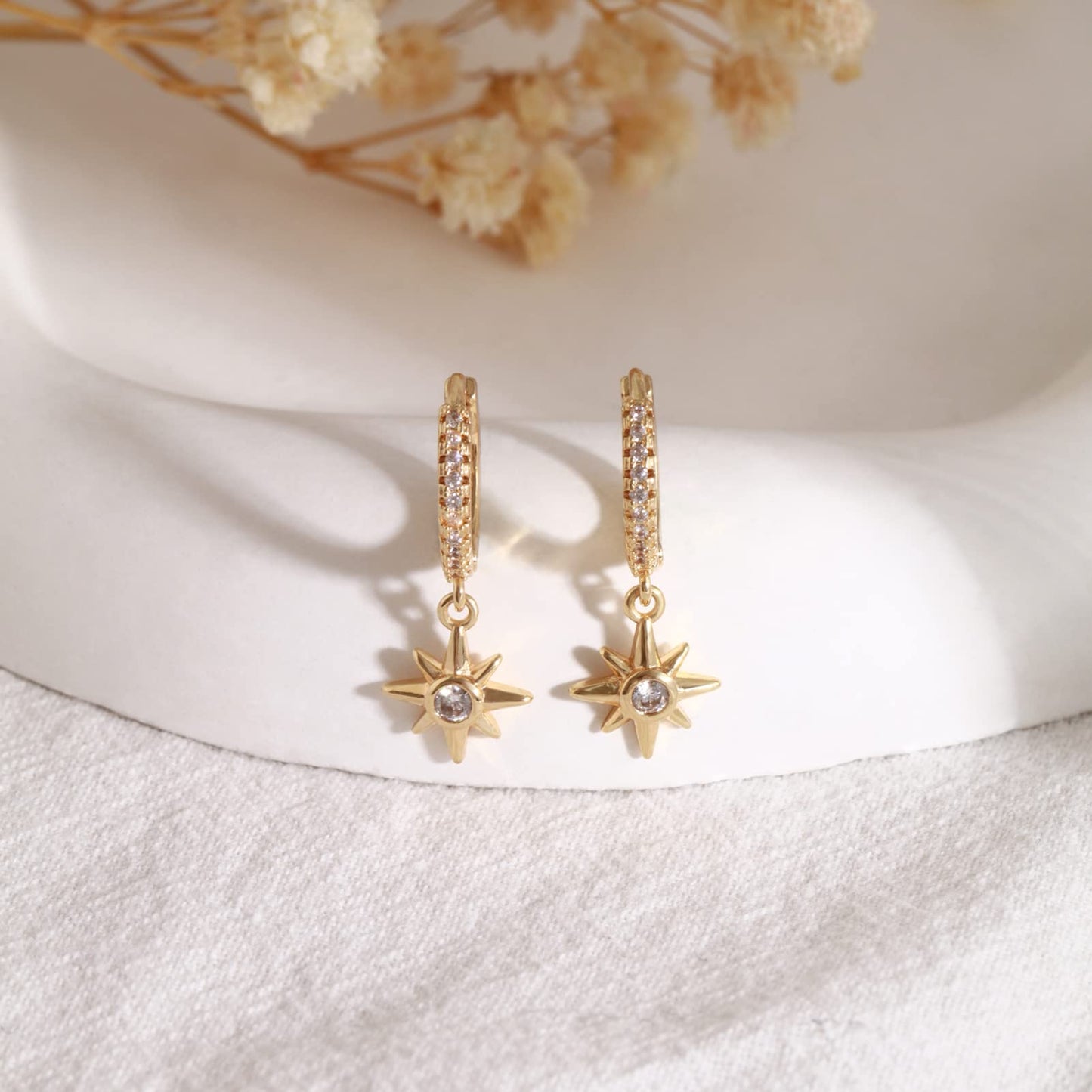 18K CZ Starburst Dangle Hoop Earrings