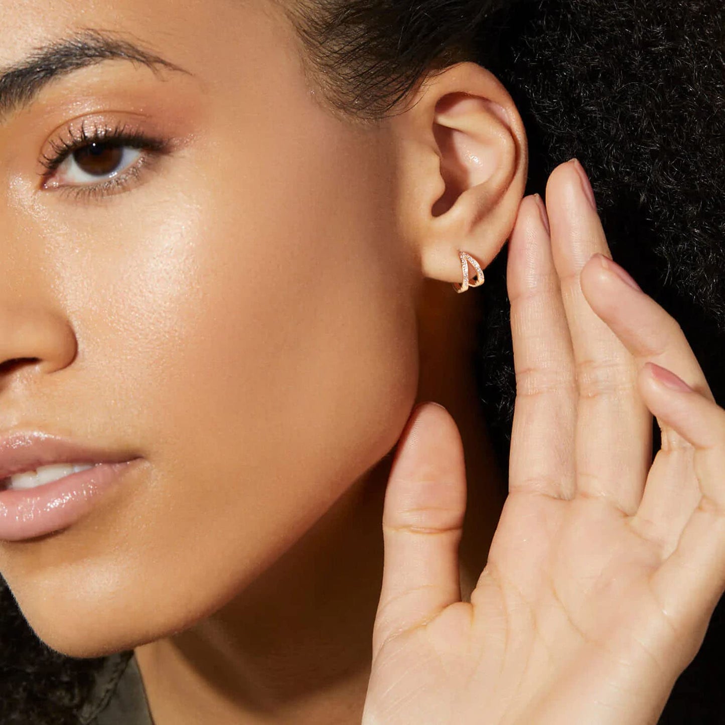 Gold CZ Double Split Huggie Hoop Earrings