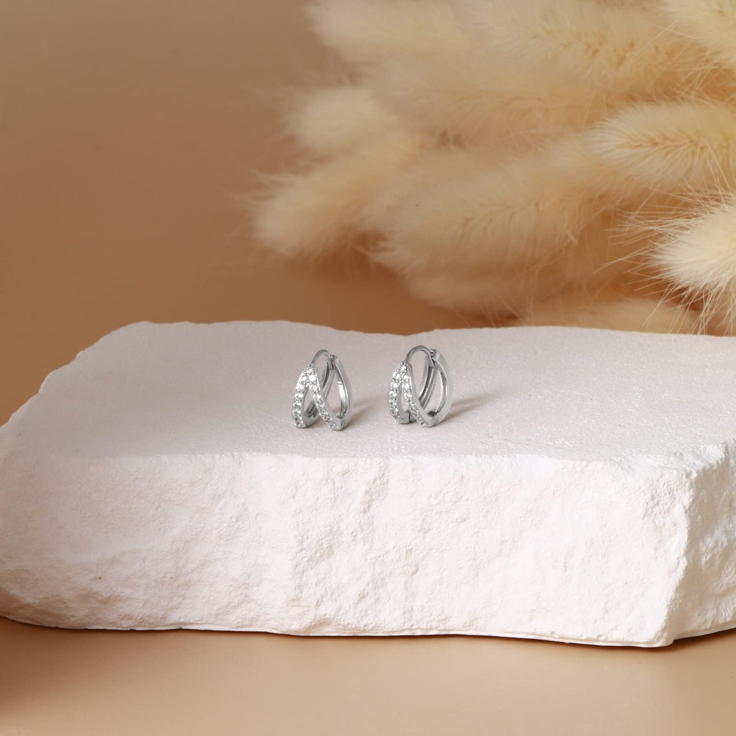 Silver Gold CZ Double Split Huggie Hoop Earrings