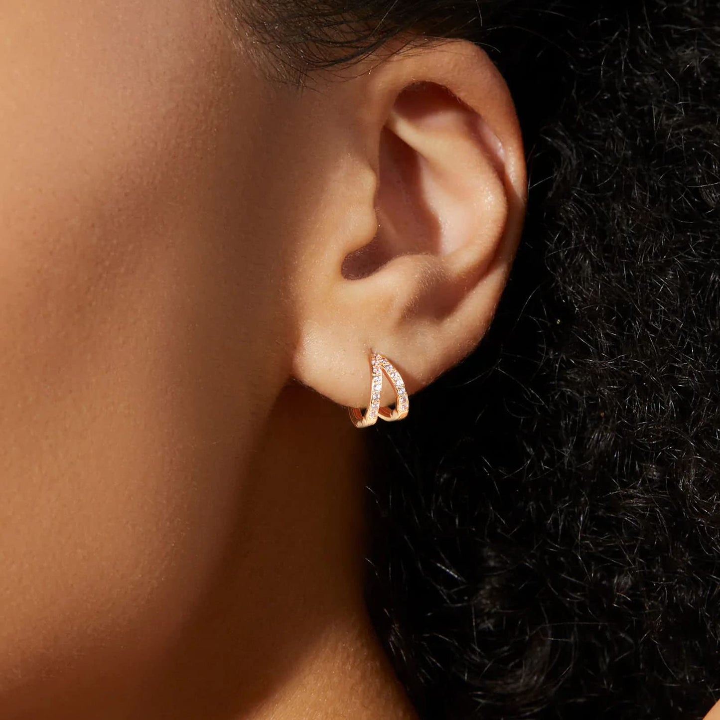 Gold CZ Double Split Huggie Hoop Earrings