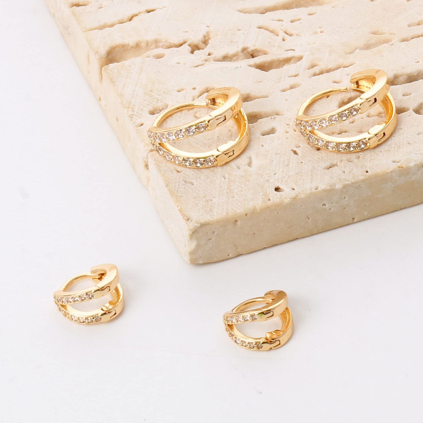 Gold CZ Double Split Huggie Hoop Earrings