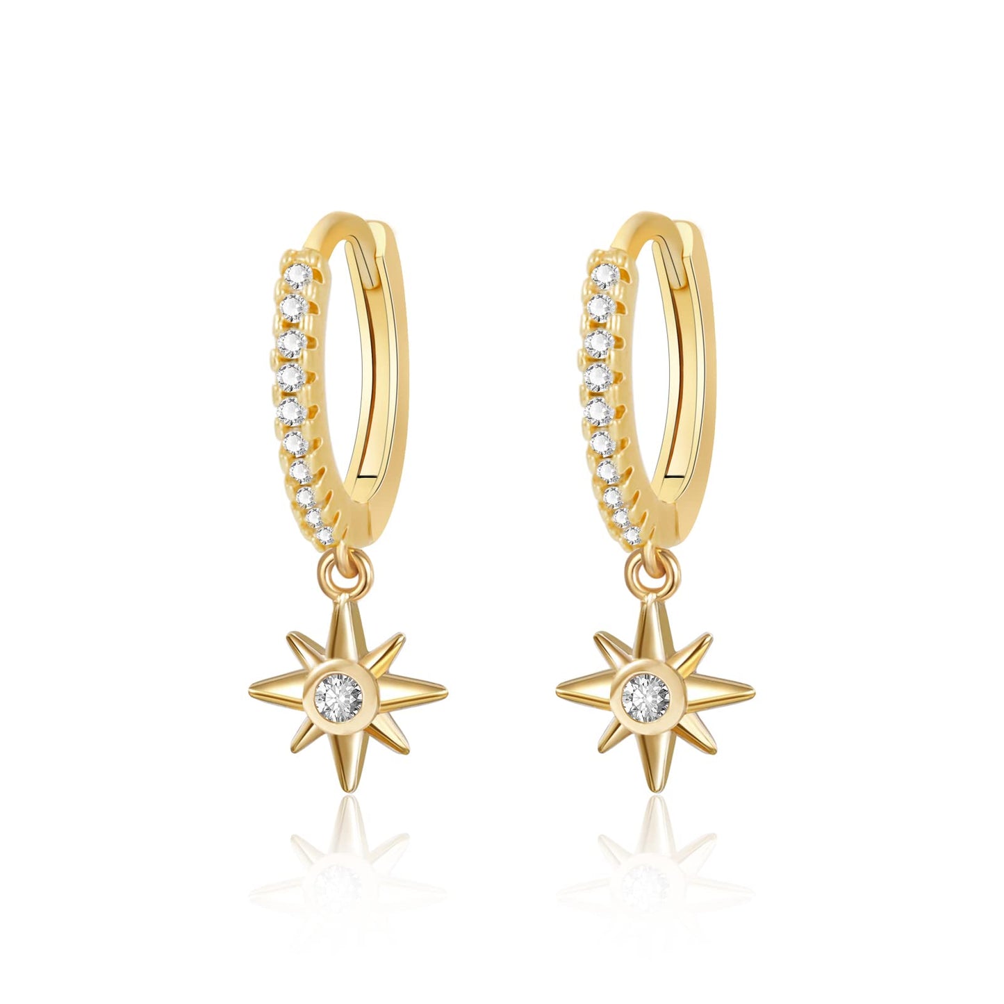 18K CZ Starburst Dangle Hoop Earrings