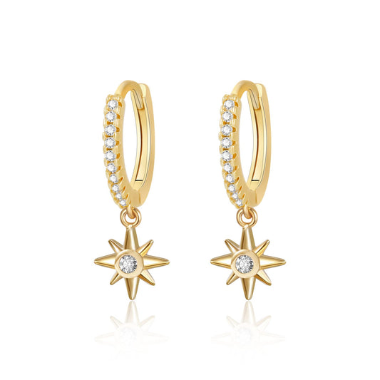 18K CZ Starburst Dangle Hoop Earrings