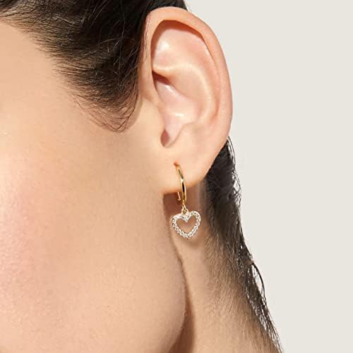 18K CZ Heart Dangle Hoop Earrings
