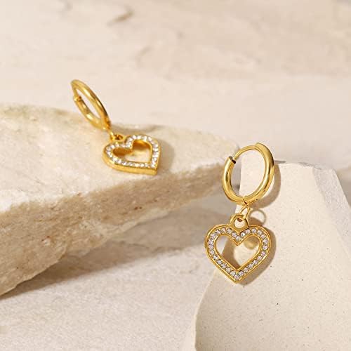 18K CZ Heart Dangle Hoop Earrings