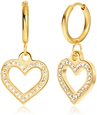 18K CZ Heart Dangle Hoop Earrings