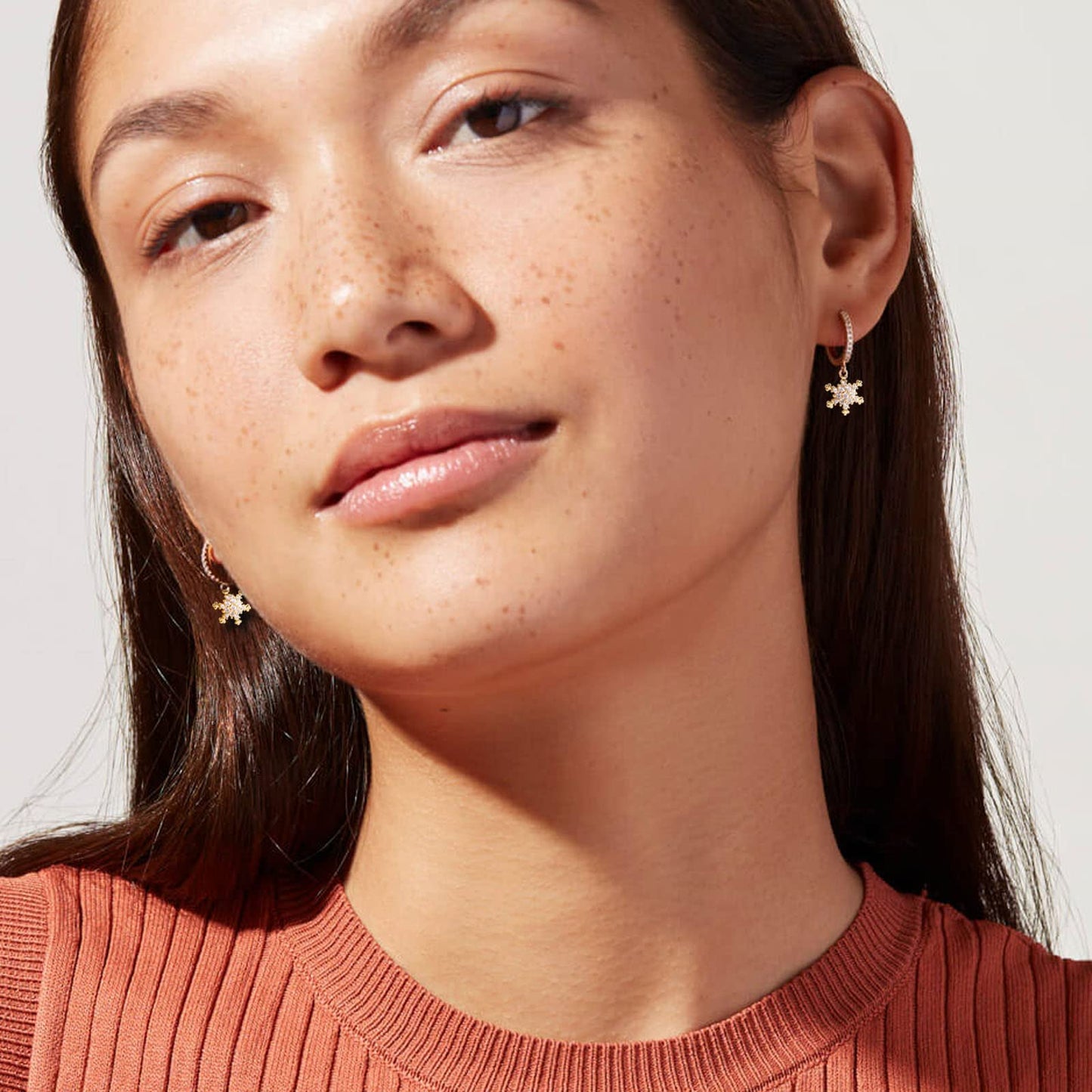 18K CZ Snowflake Dangle Hoop Earrings