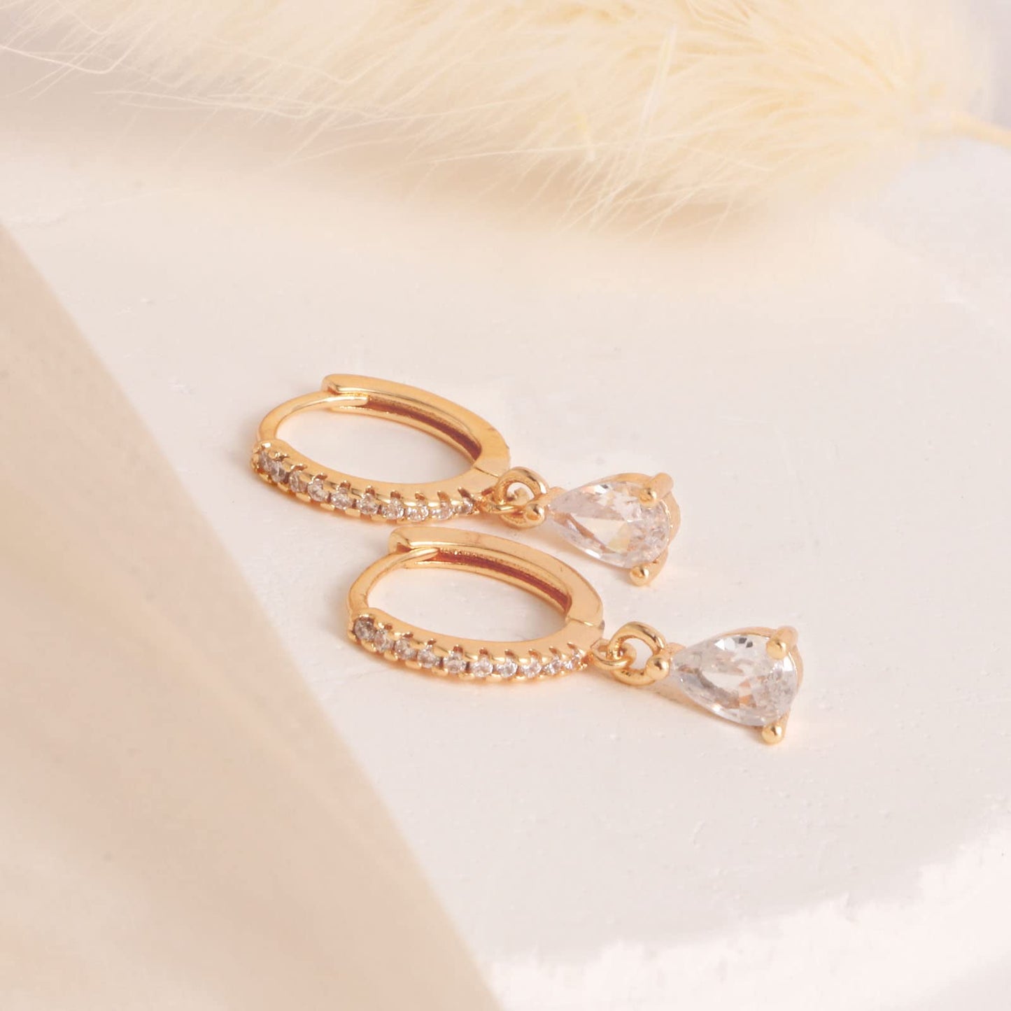 18K CZ Teardrop Dangle Hoop Earrings