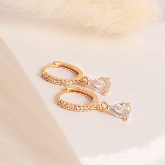 18K CZ Teardrop Dangle Hoop Earrings