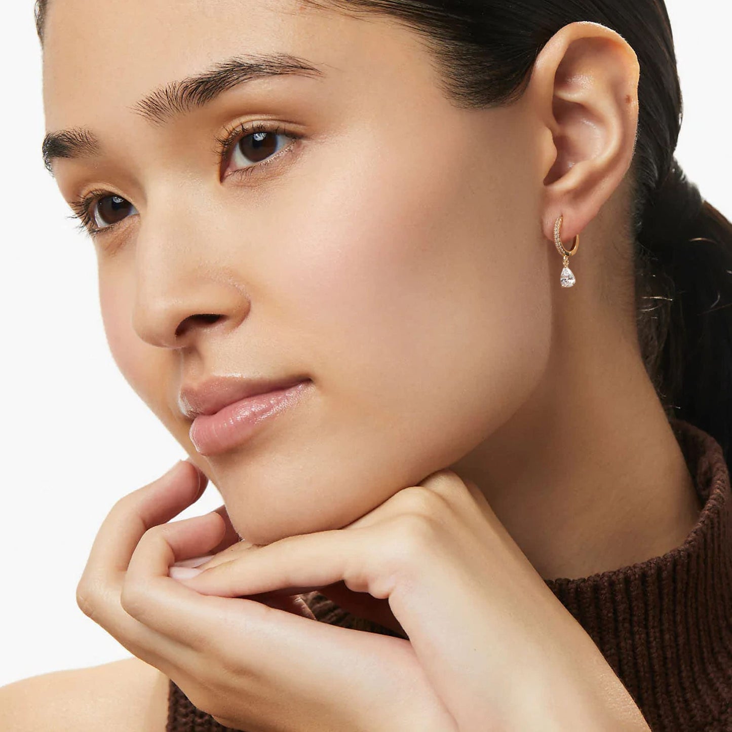 18K CZ Teardrop Dangle Hoop Earrings