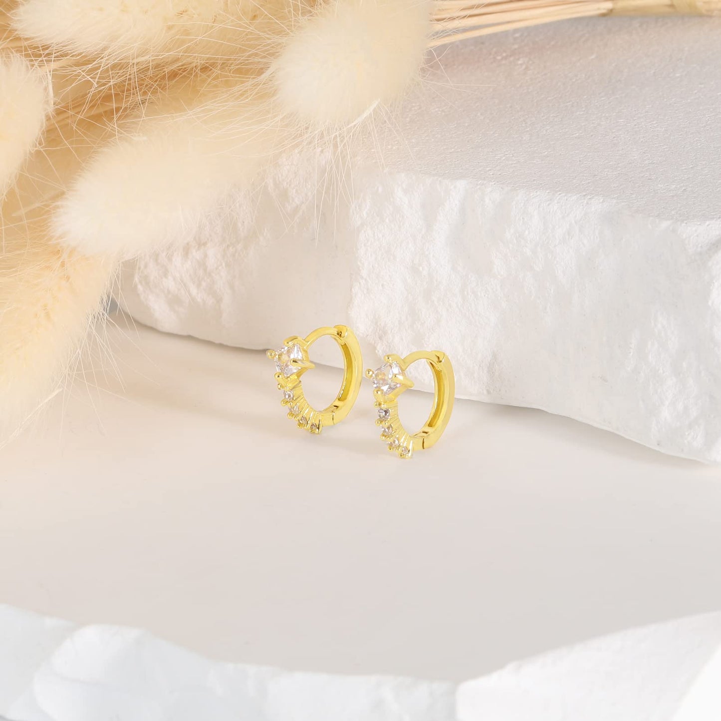 18K Gold Square-CZ Huggie Earrings