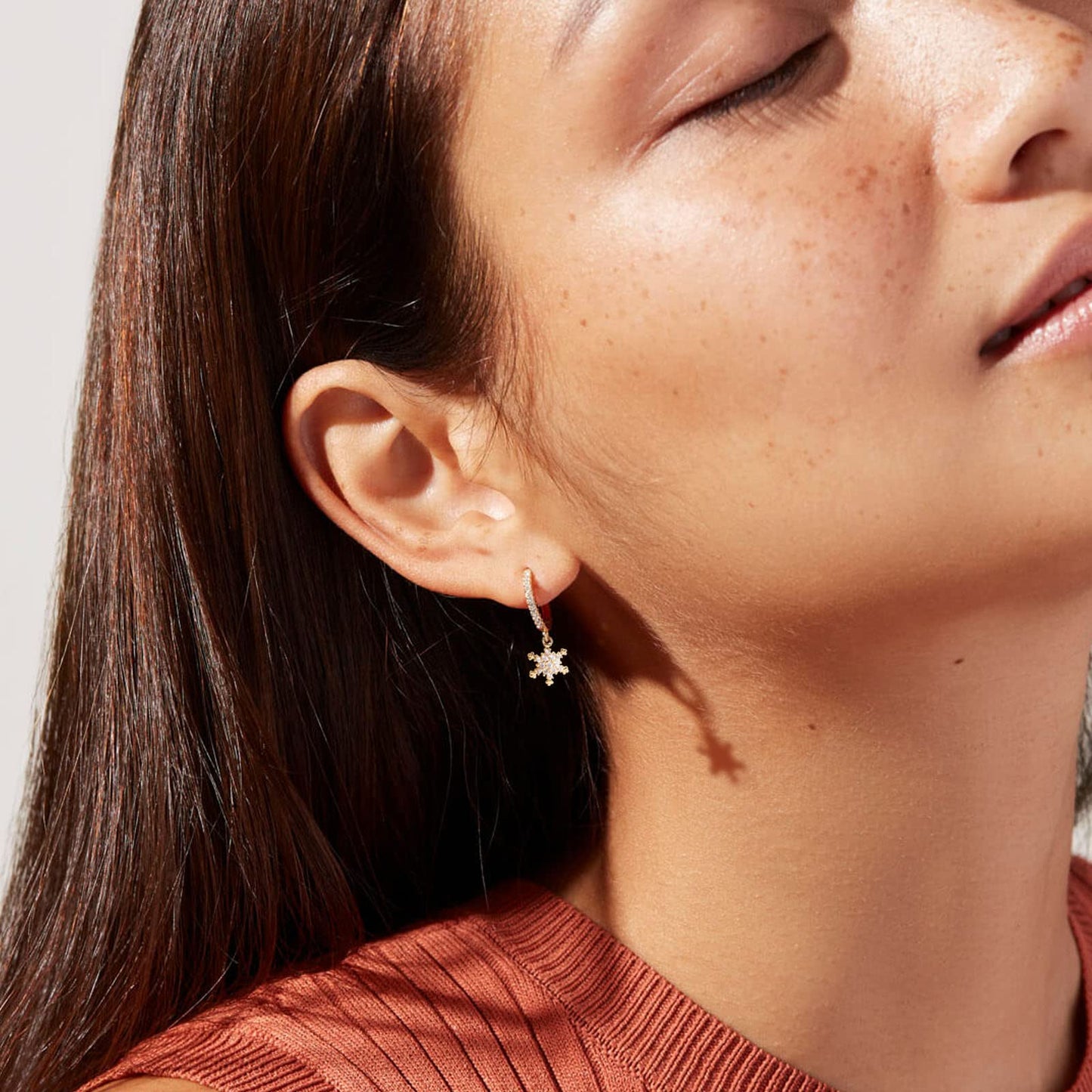 18K CZ Snowflake Dangle Hoop Earrings
