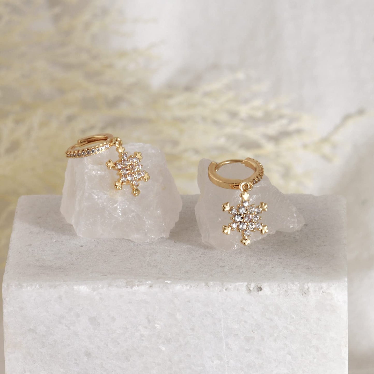 18K CZ Snowflake Dangle Hoop Earrings