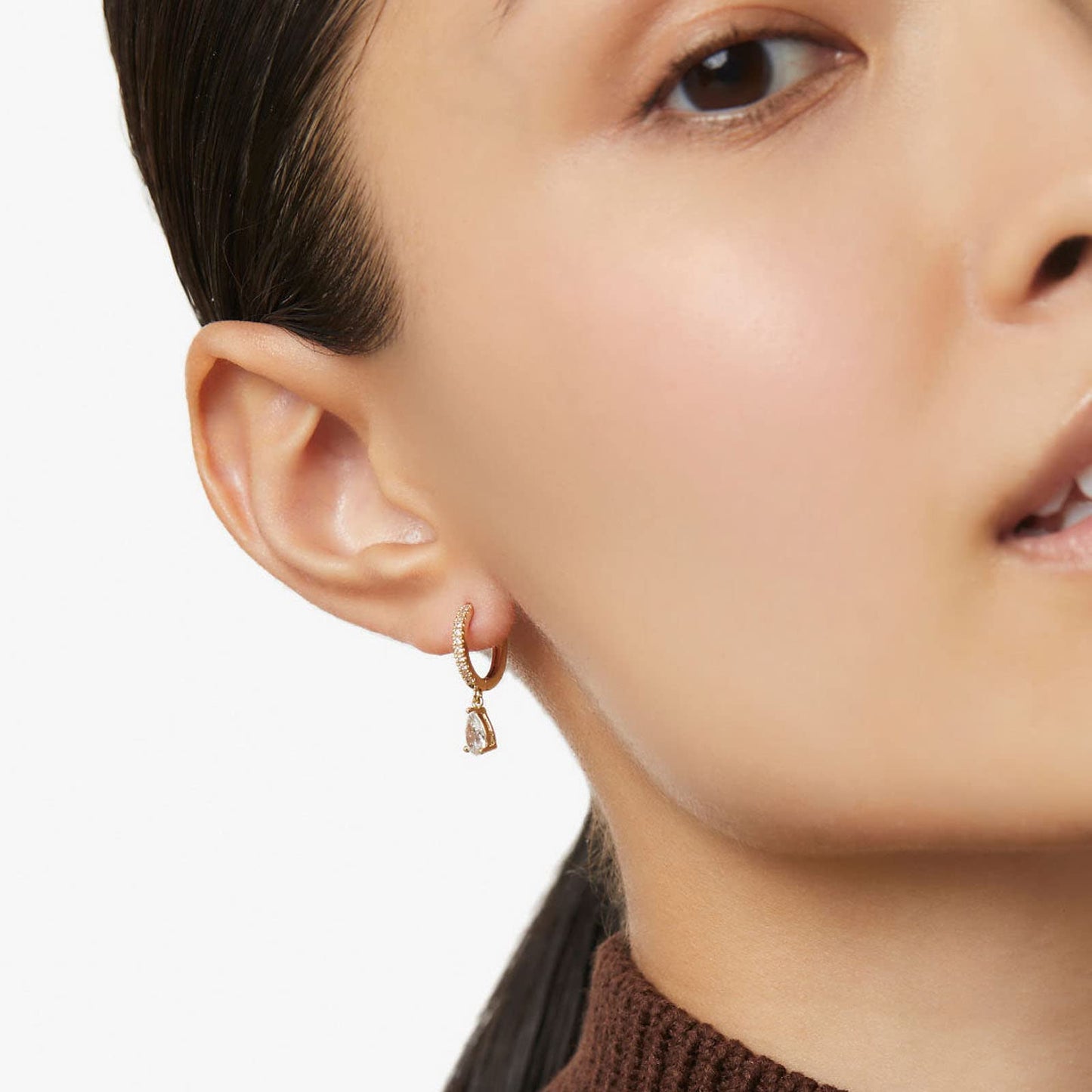 18K CZ Teardrop Dangle Hoop Earrings