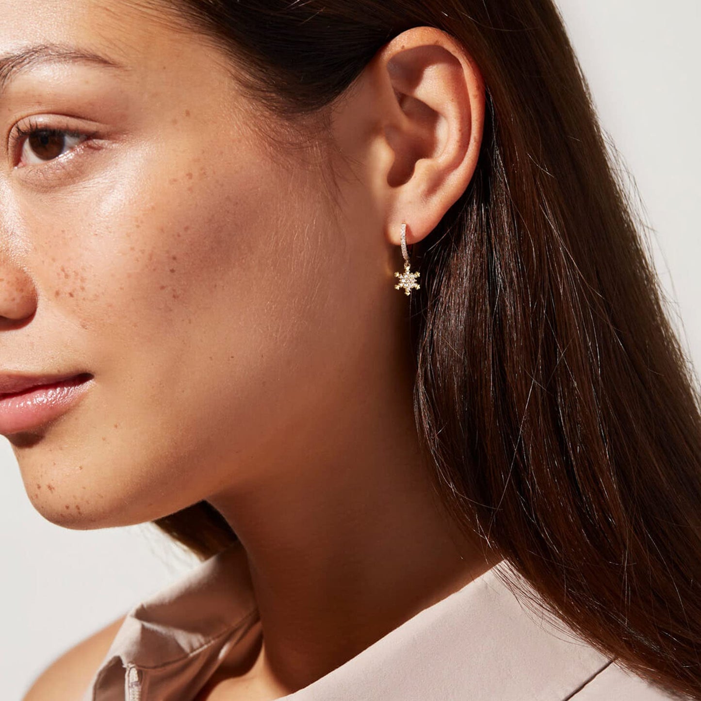18K CZ Snowflake Dangle Hoop Earrings