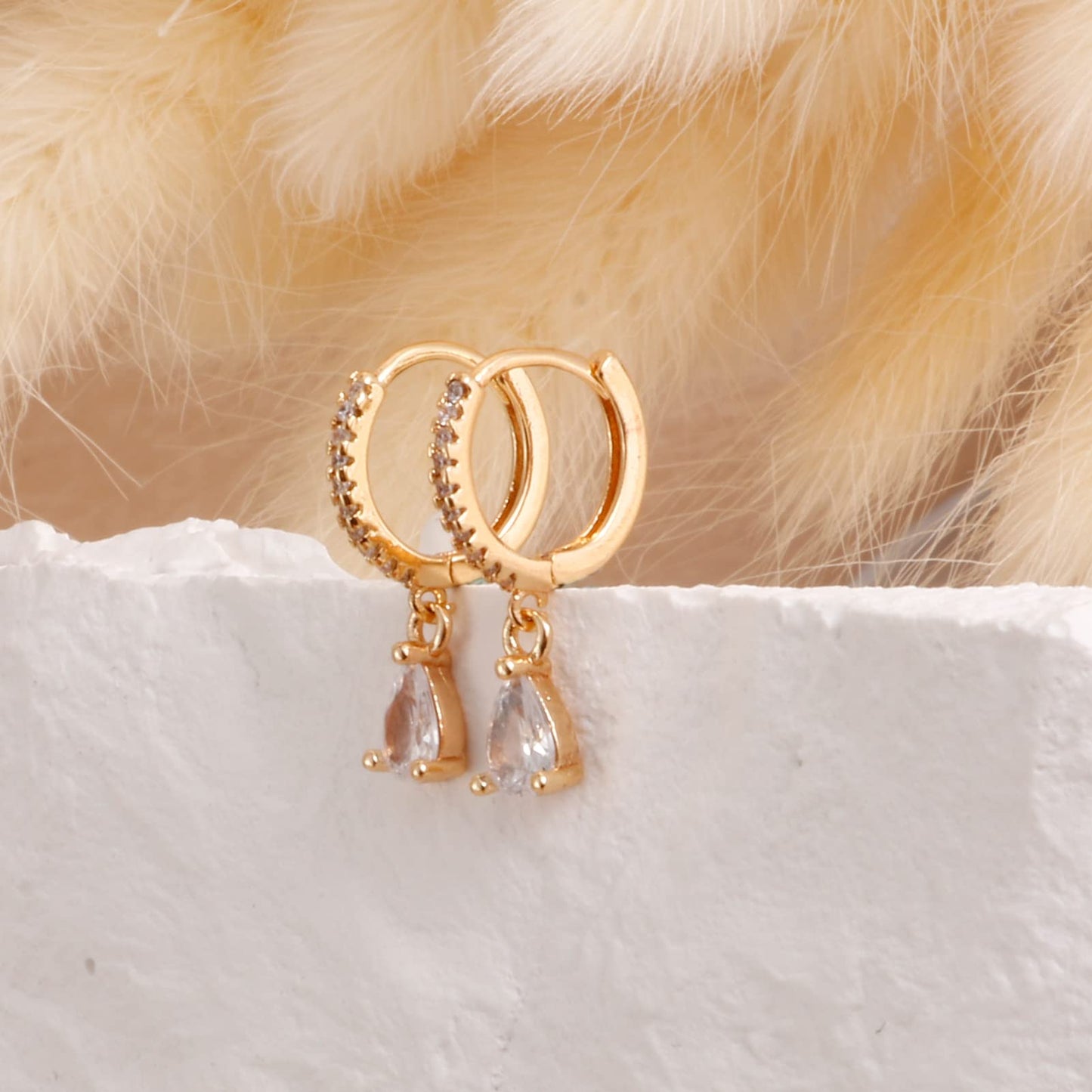 18K CZ Teardrop Dangle Hoop Earrings