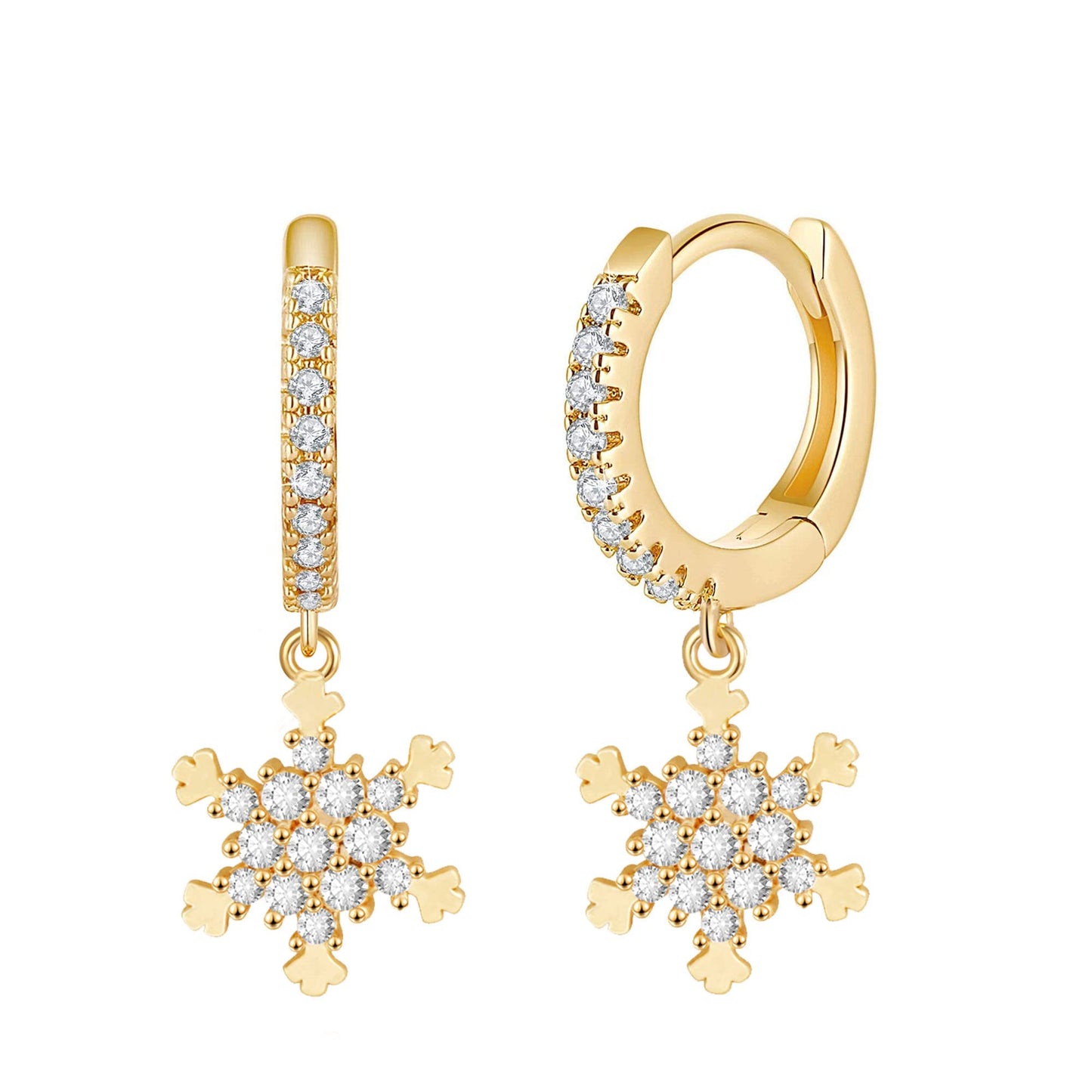 18K CZ Snowflake Dangle Hoop Earrings