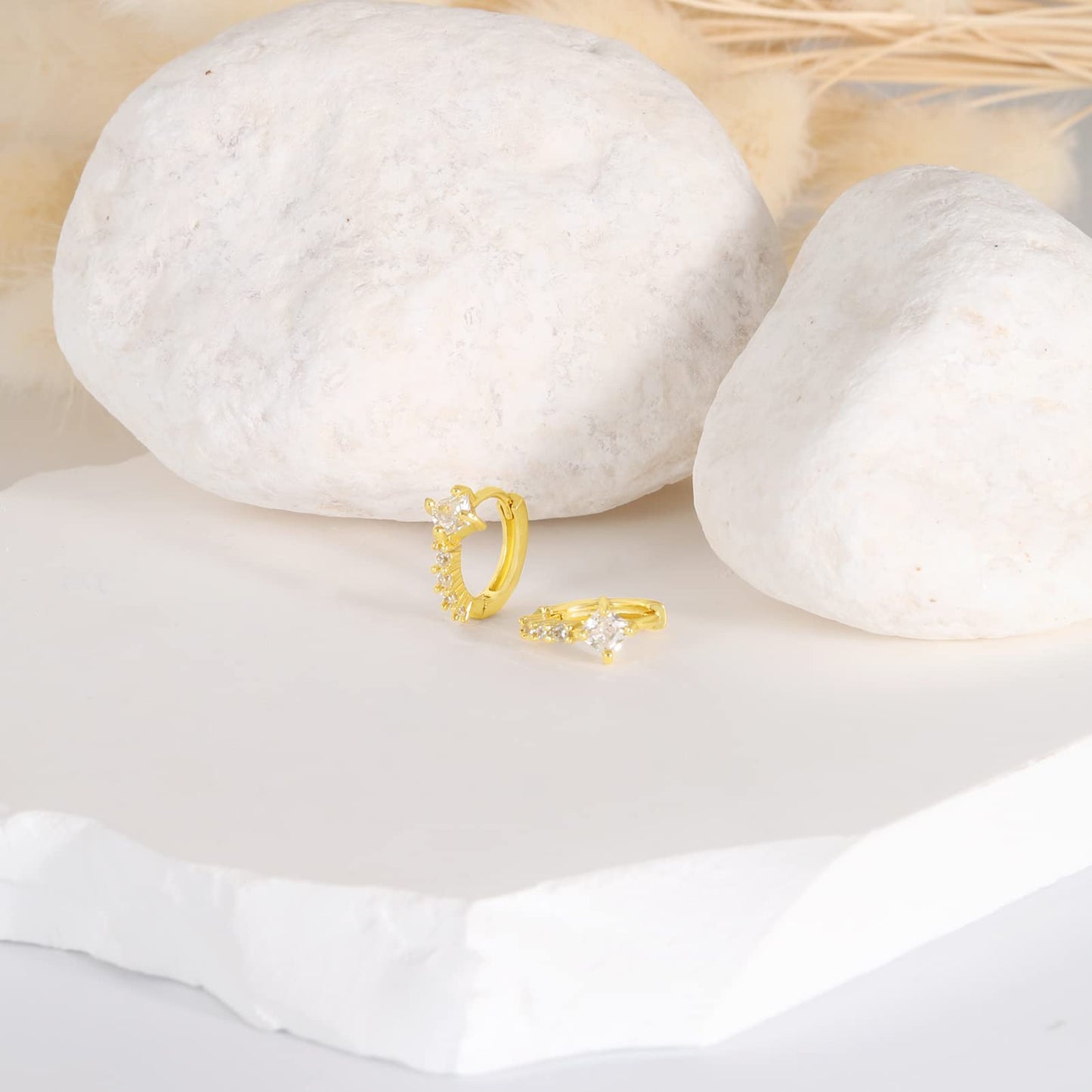 18K Gold Square-CZ Huggie Earrings