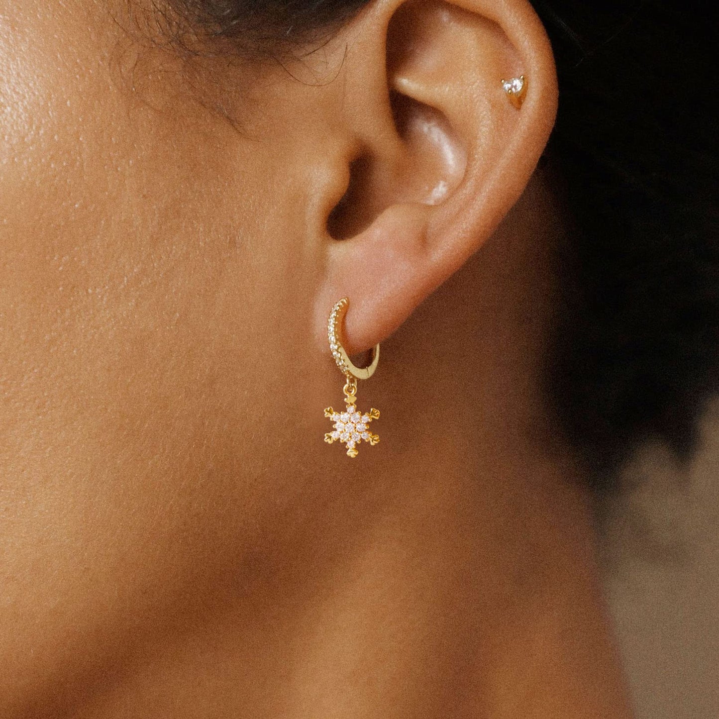 18K CZ Snowflake Dangle Hoop Earrings
