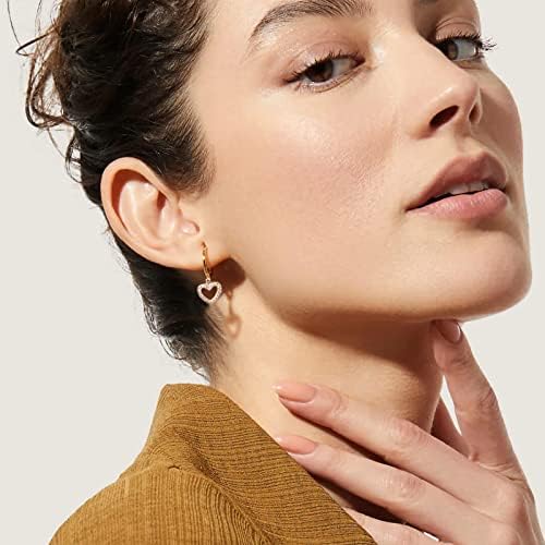 18K CZ Heart Dangle Hoop Earrings